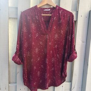 Lush Burgundy V-Neck Dot Print Blouse